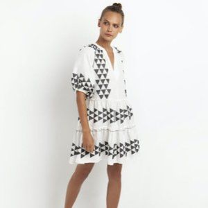 Greek Archaic Kori - Hera Short Balloon Sleeve Dress (White/Black)